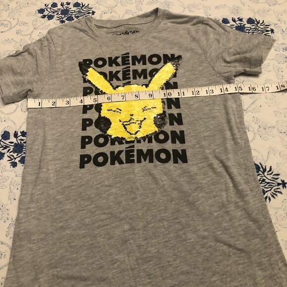 Pikachu Pokemon Flip Sequins Youth Size M Unisex Short Sleeve Heather Gray - Picture 11 of 11